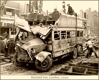 Bombed bus, London, 1940
