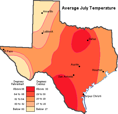 Map of average July temperatures in Texas