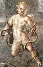 Hercules strangling the snakes — fresco from the exedra of the House of the Vettii in Pompeii